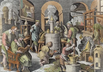 Destilación, hirviendo agua para purificarla, grabado por Philip Galle (1537-1612)